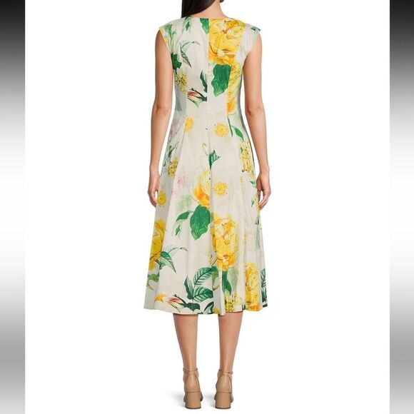 Karl Lagerfeld NWT Cap Sleeve Yellow Floral V Neck Midi A-Line Dress Size 12 New - Picture 2 of 7